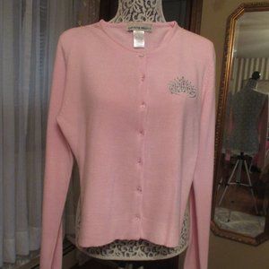 Vintage Pink Cardigan with Tiara Embellishment-Girls Size L.